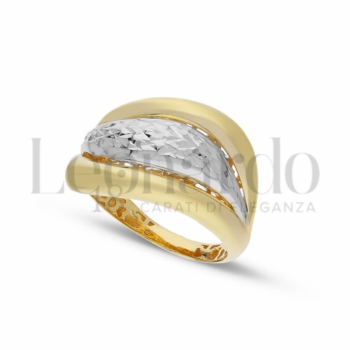 Anello a Fascia da Donna, realizzato con lavorazione 3D, finitura lucida e diamantata, in Oro Giallo e Oro Bianco